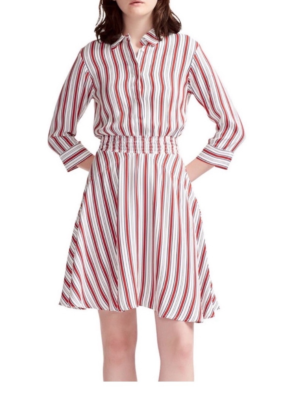 Maje Striped Red and White Shirt Dress with Smocked Waist